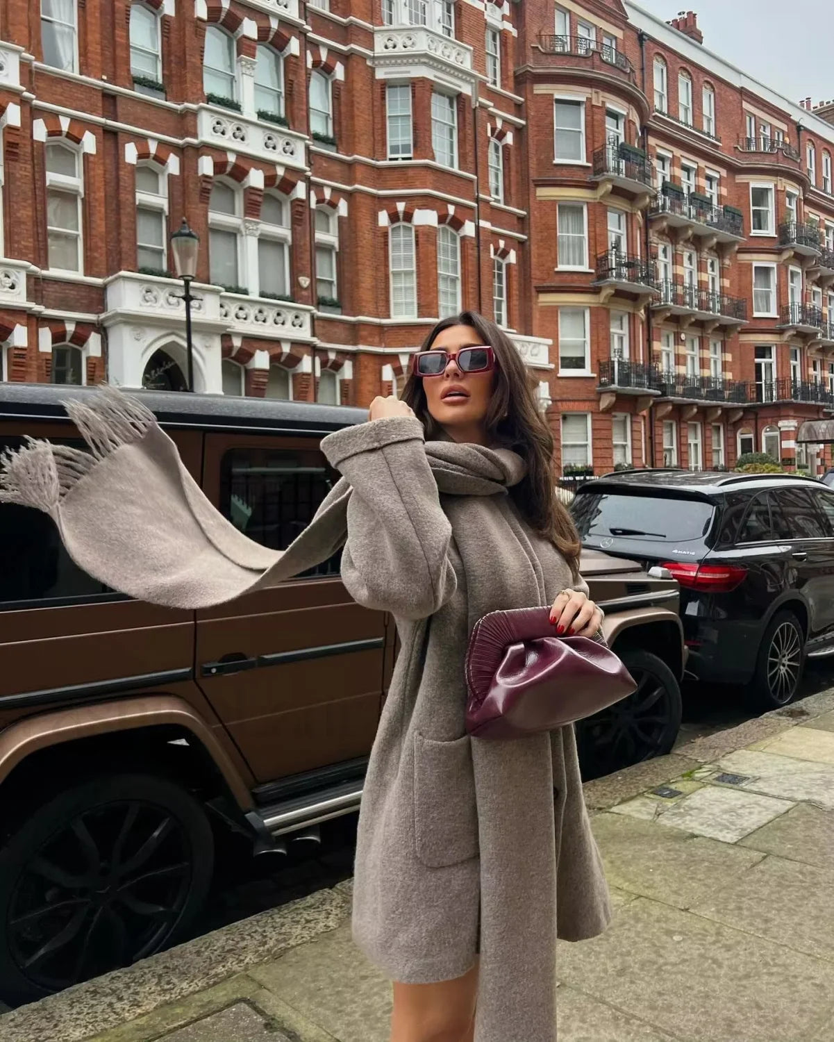 Button Down Pocket Coat Modern with Matching Tassel Scarf