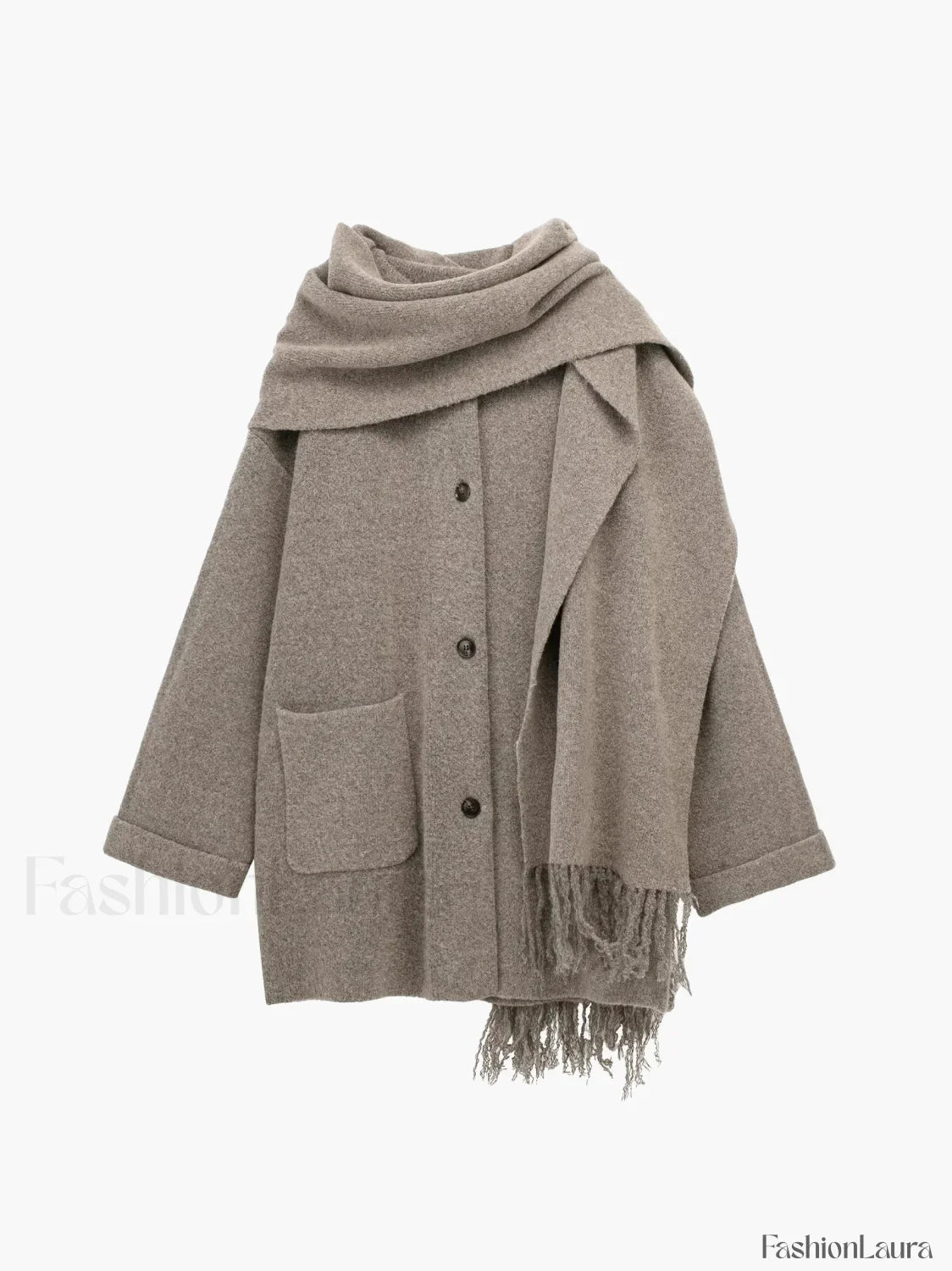 Button Down Pocket Coat Modern with Matching Tassel Scarf