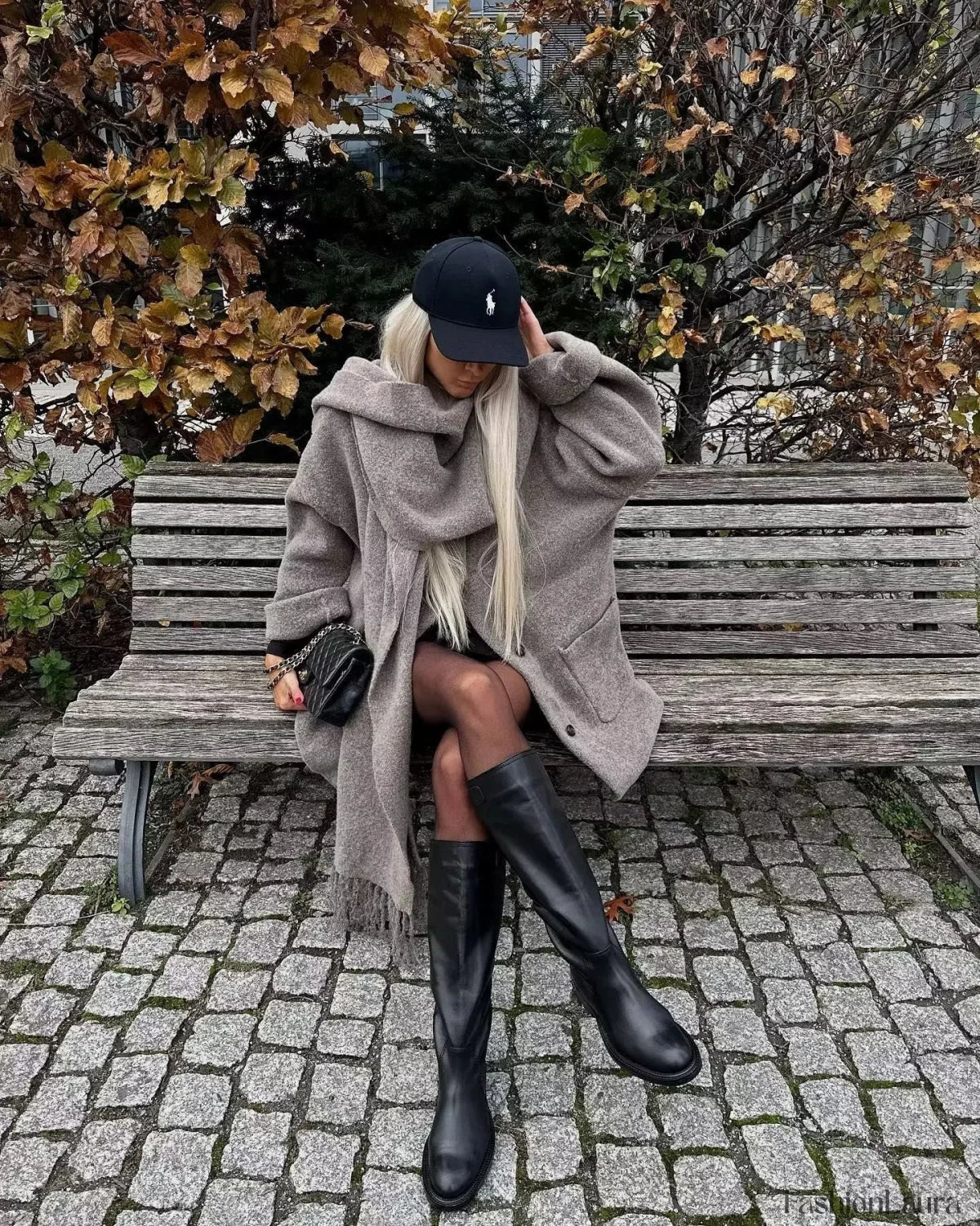 Button Down Pocket Coat Modern with Matching Tassel Scarf