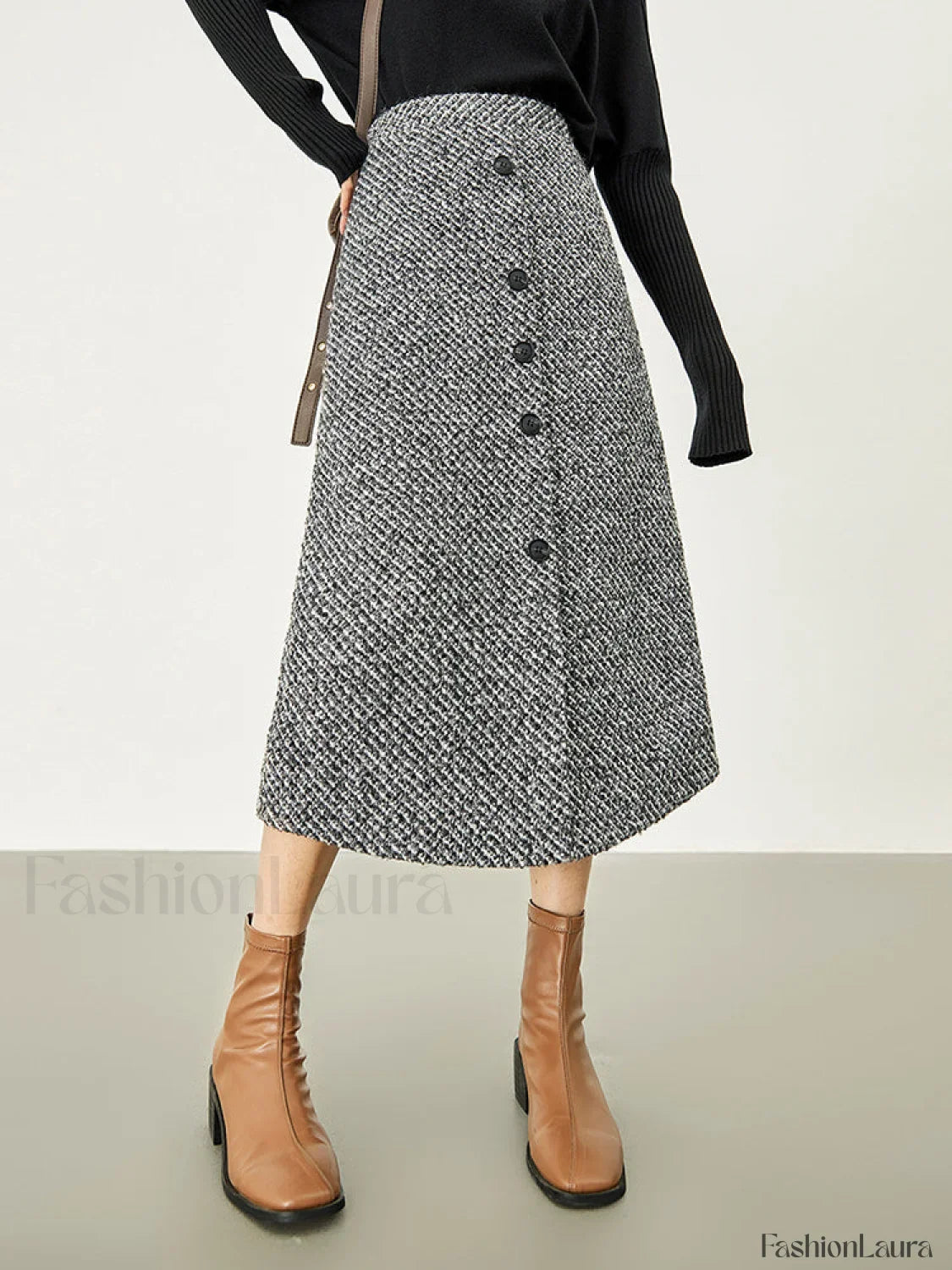 Button Down Tweed Trendy Boucle Maxi Skirt