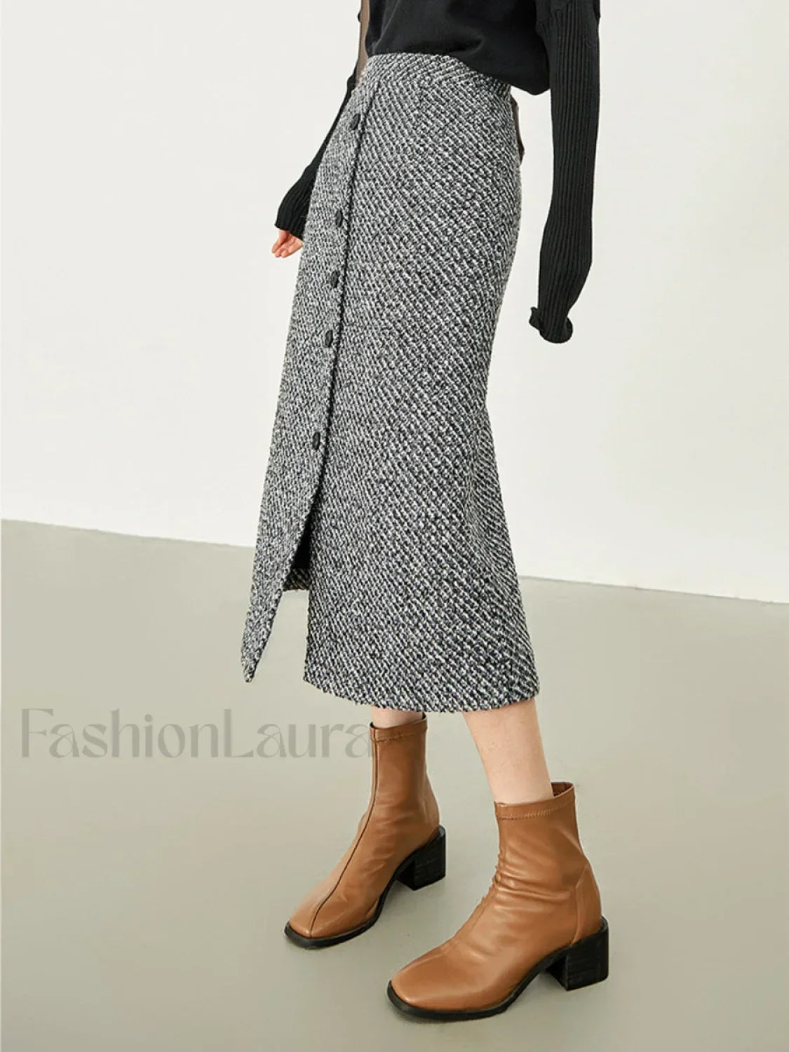 Button Down Tweed Trendy Boucle Maxi Skirt