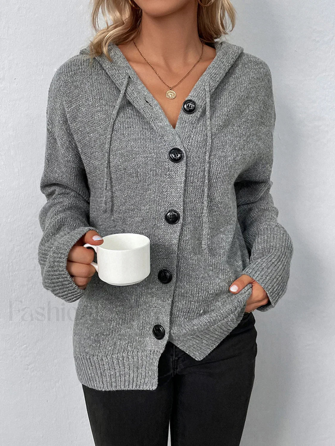 Button Drawstring Hooded Cardigan