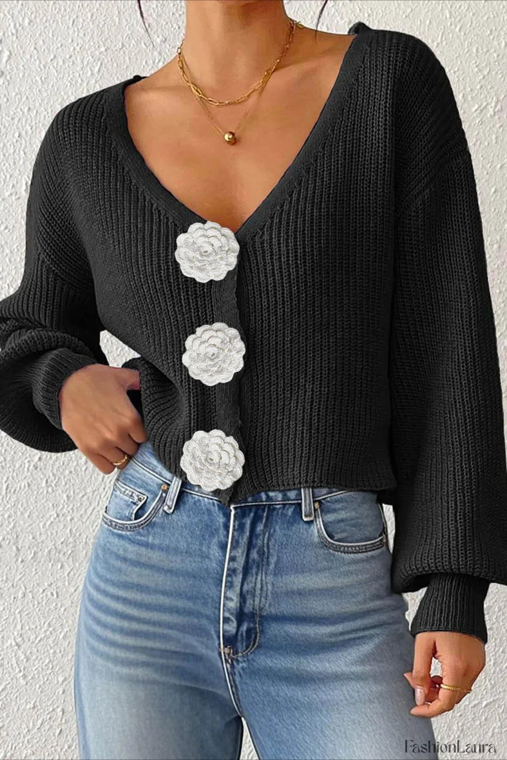 Button Front Crochet Knit Crop Sweater