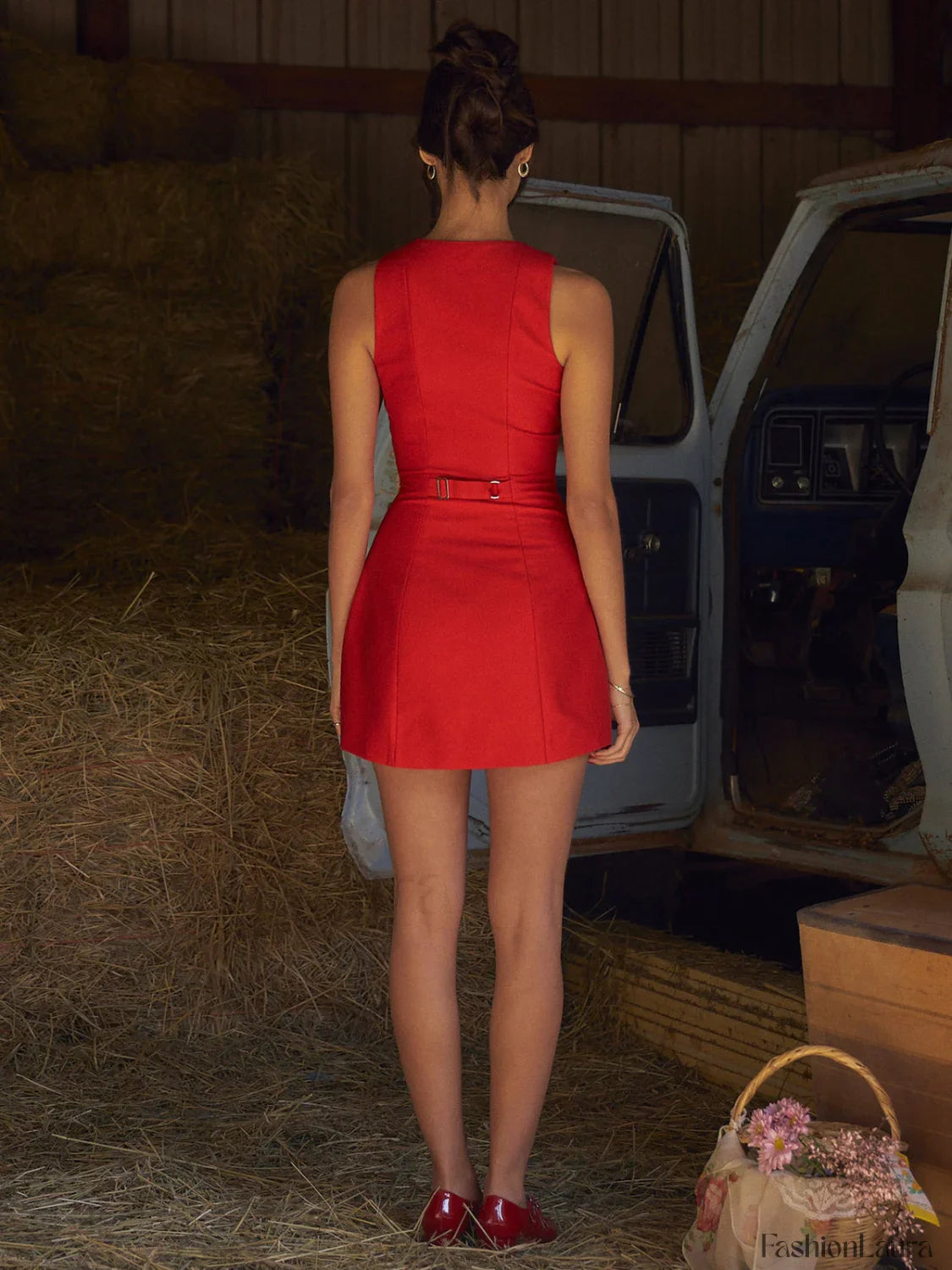 Button-Front Sleeveless Short Dress