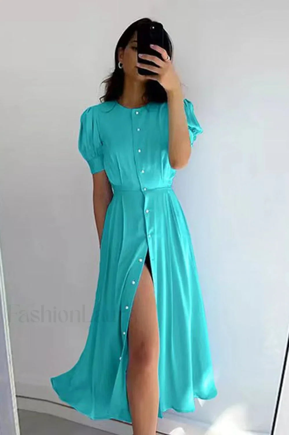 Button Front Stylish Midi Dress S / Aqua