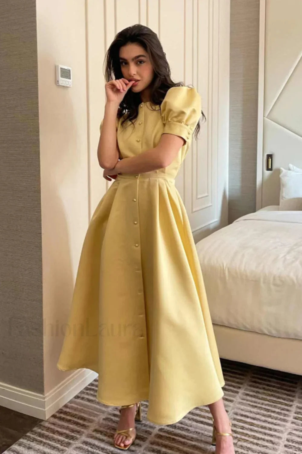 Button Front Stylish Midi Dress S / Lemon