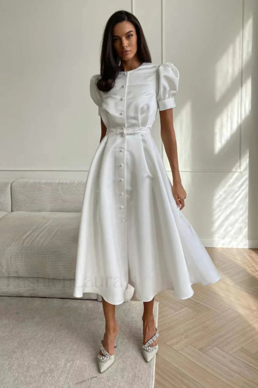 Button Front Stylish Midi Dress S / White