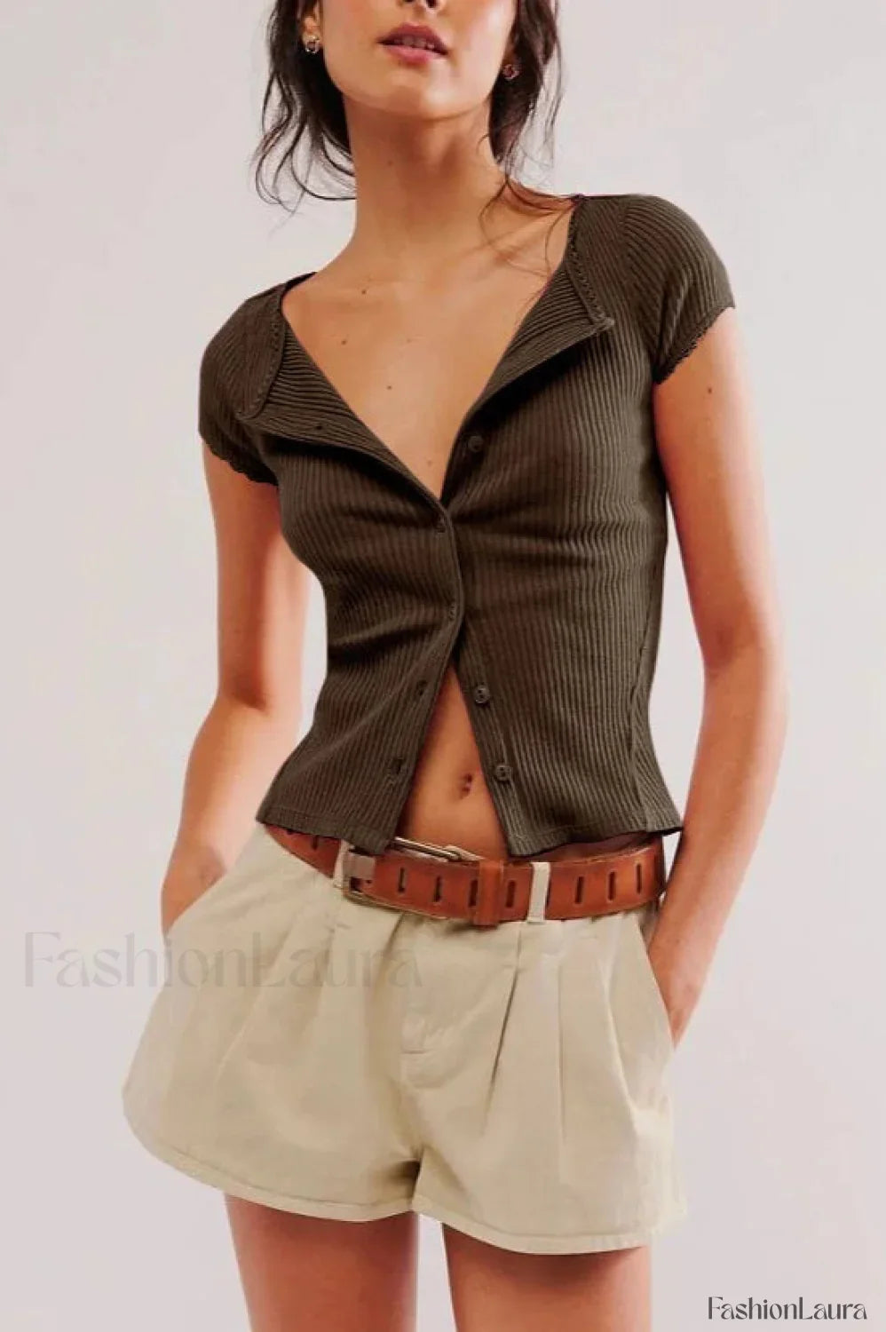 Button Short Sleeve Ribbed Cardigan