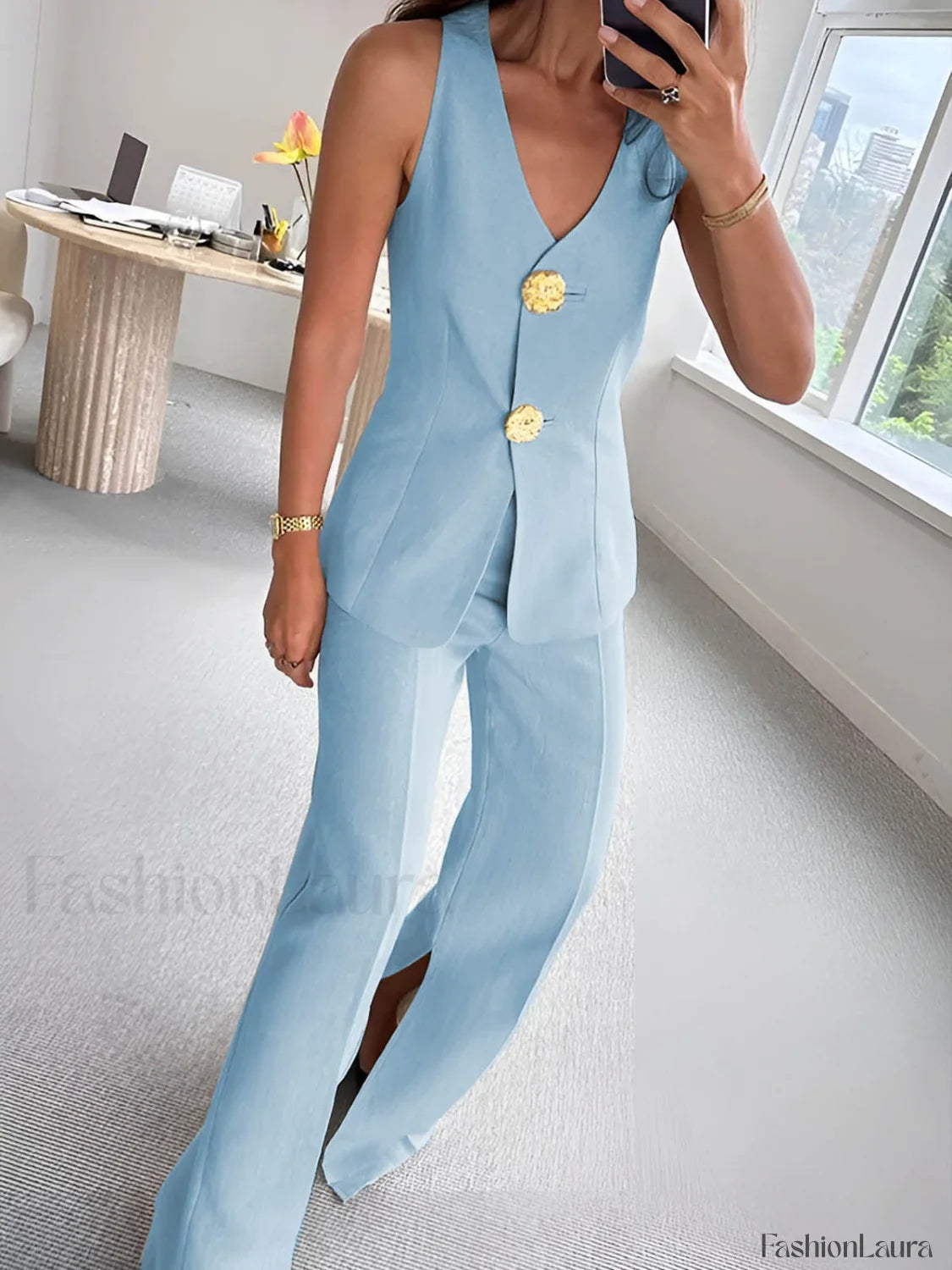 Button Split Sleeveless Pants Set
