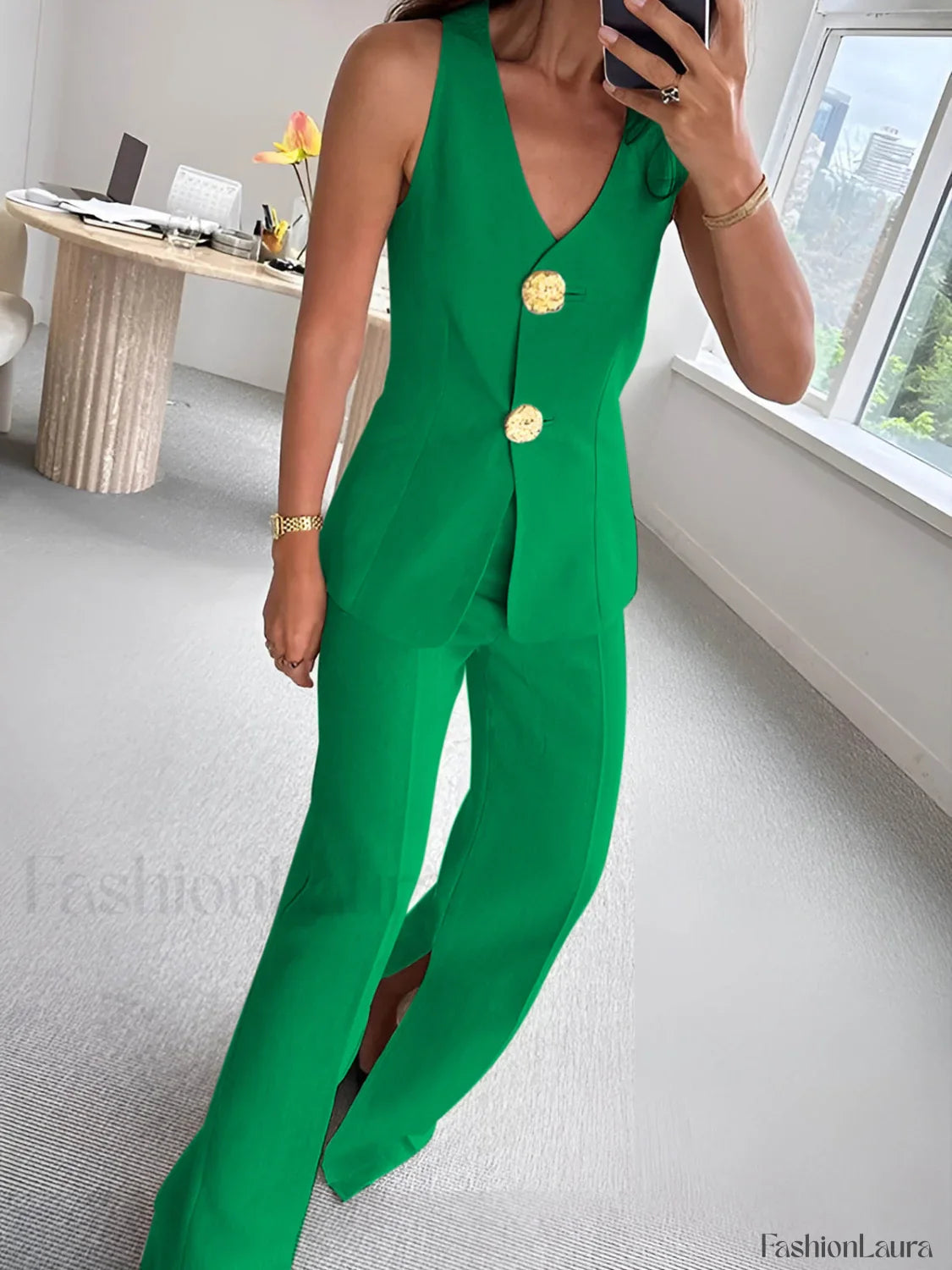 Button Split Sleeveless Pants Set