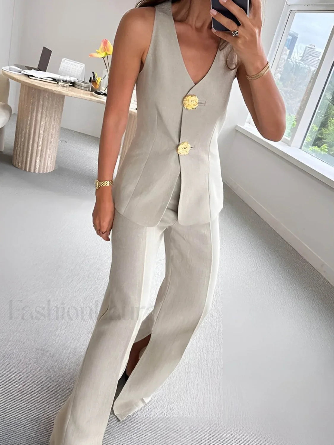 Button Split Sleeveless Pants Set