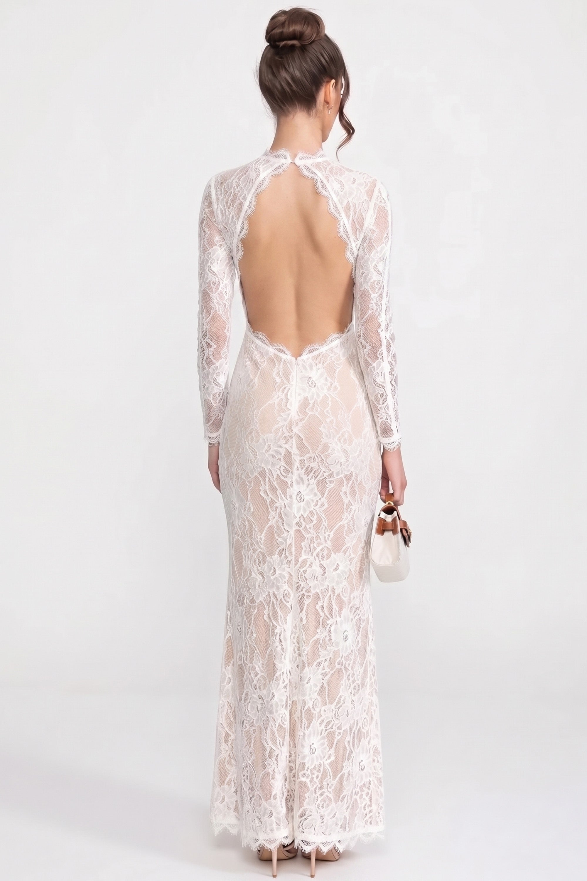 Elegant Lace Gown With High Neck, Front Cutout And Slit - White