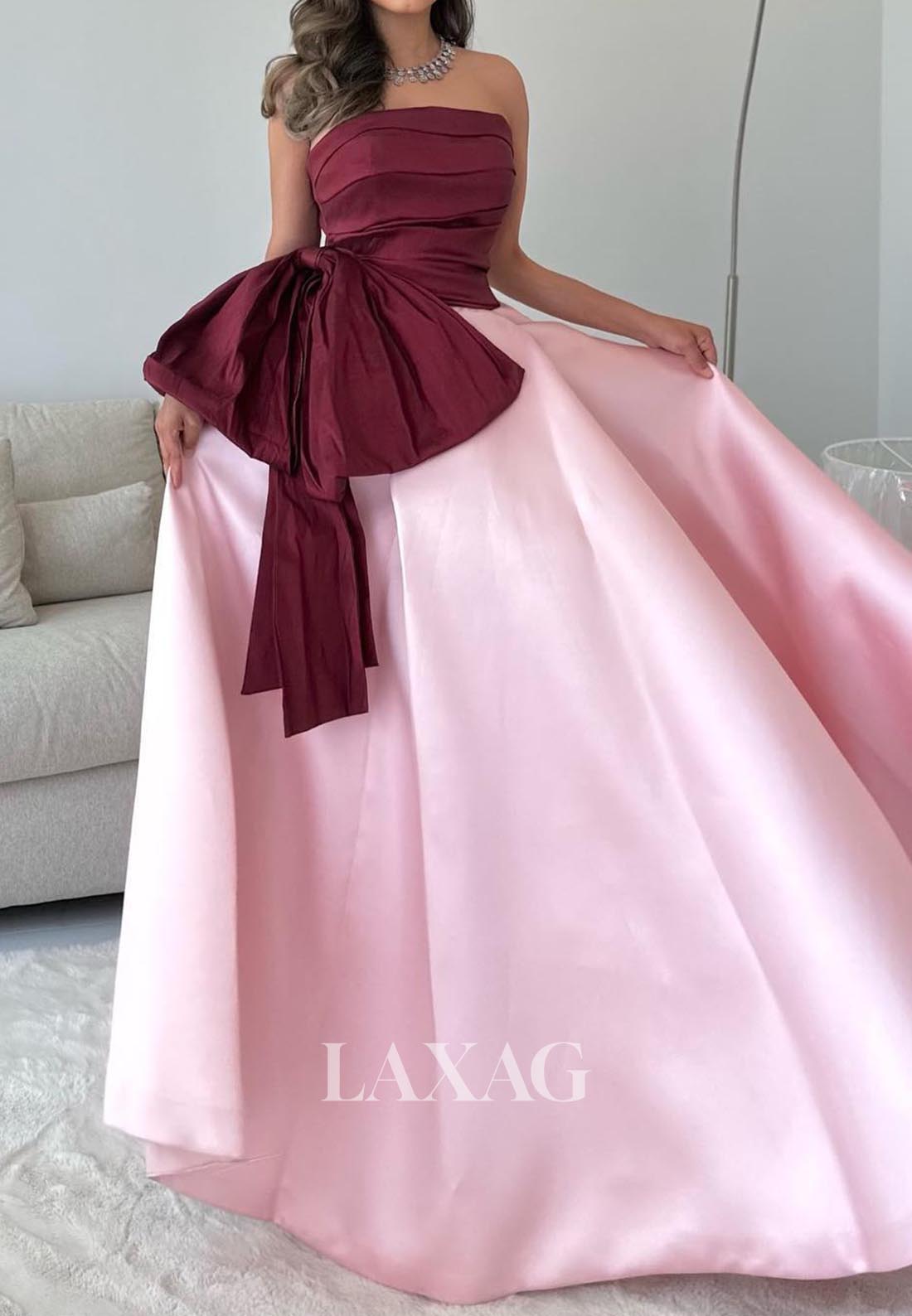Sleeveless Off-Shoulder Pleated Satin Formal Gowns Tube Top Two Tone A-Line Evening Dress with Bows
