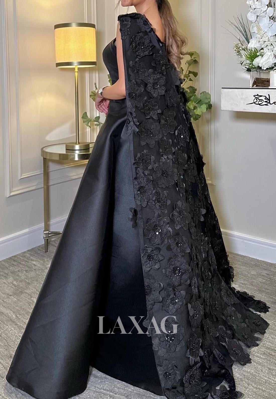 Tube Top Floral Embellished Satin Formal Gowns Sleeveless A-Line Evening Dress with Overlay