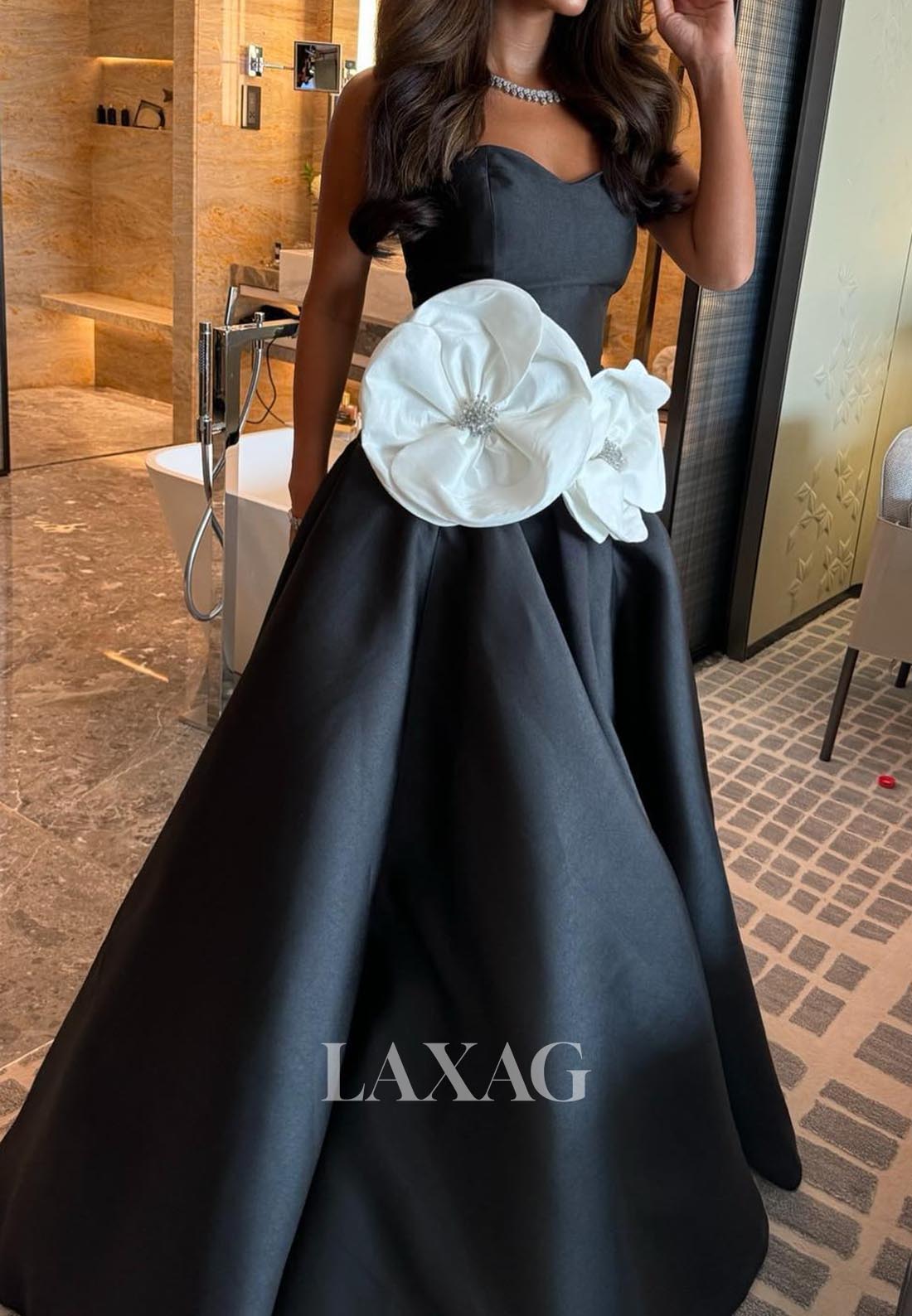 Sweetheart Floral Embellished Pleated A-Line Evening Dress Sleeveless Beaded Satin Formal Gowns