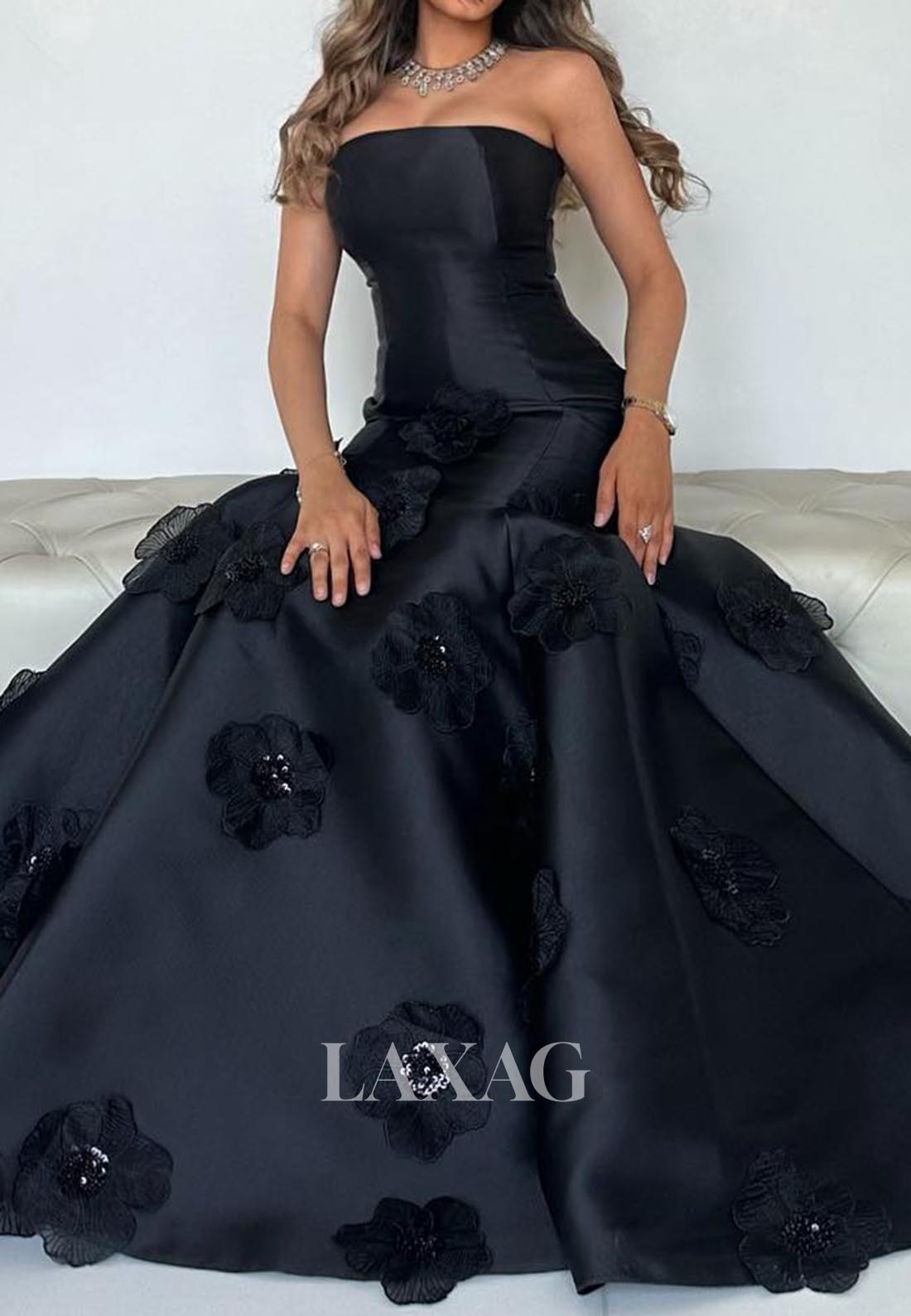 Off-Shoulder Sleeveless Satin Trumpet Mermaid Evening Dress Tube Top Floral Embellished Formal Gowns