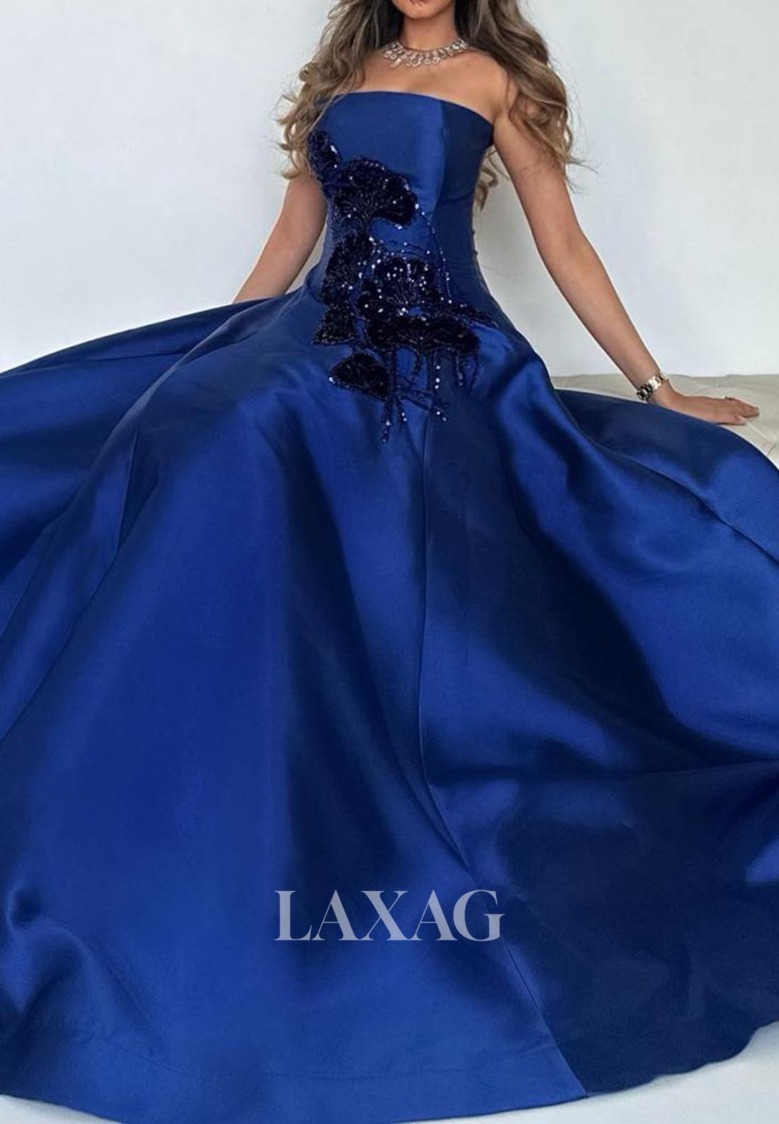 Tube Top Off-Shoulder Sleeveless Formal Gowns Sequined Satin Sweep Train A-Line Evening Dress