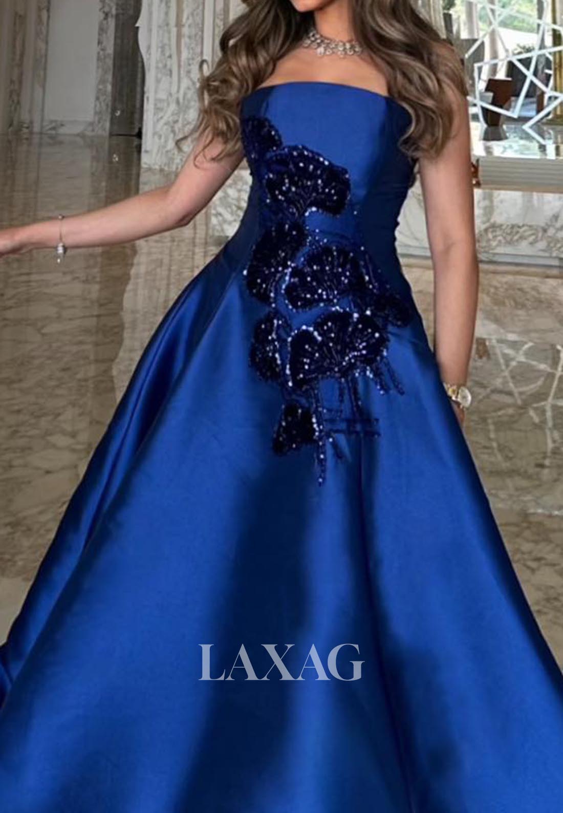 Tube Top Off-Shoulder Sleeveless Formal Gowns Sequined Satin Sweep Train A-Line Evening Dress