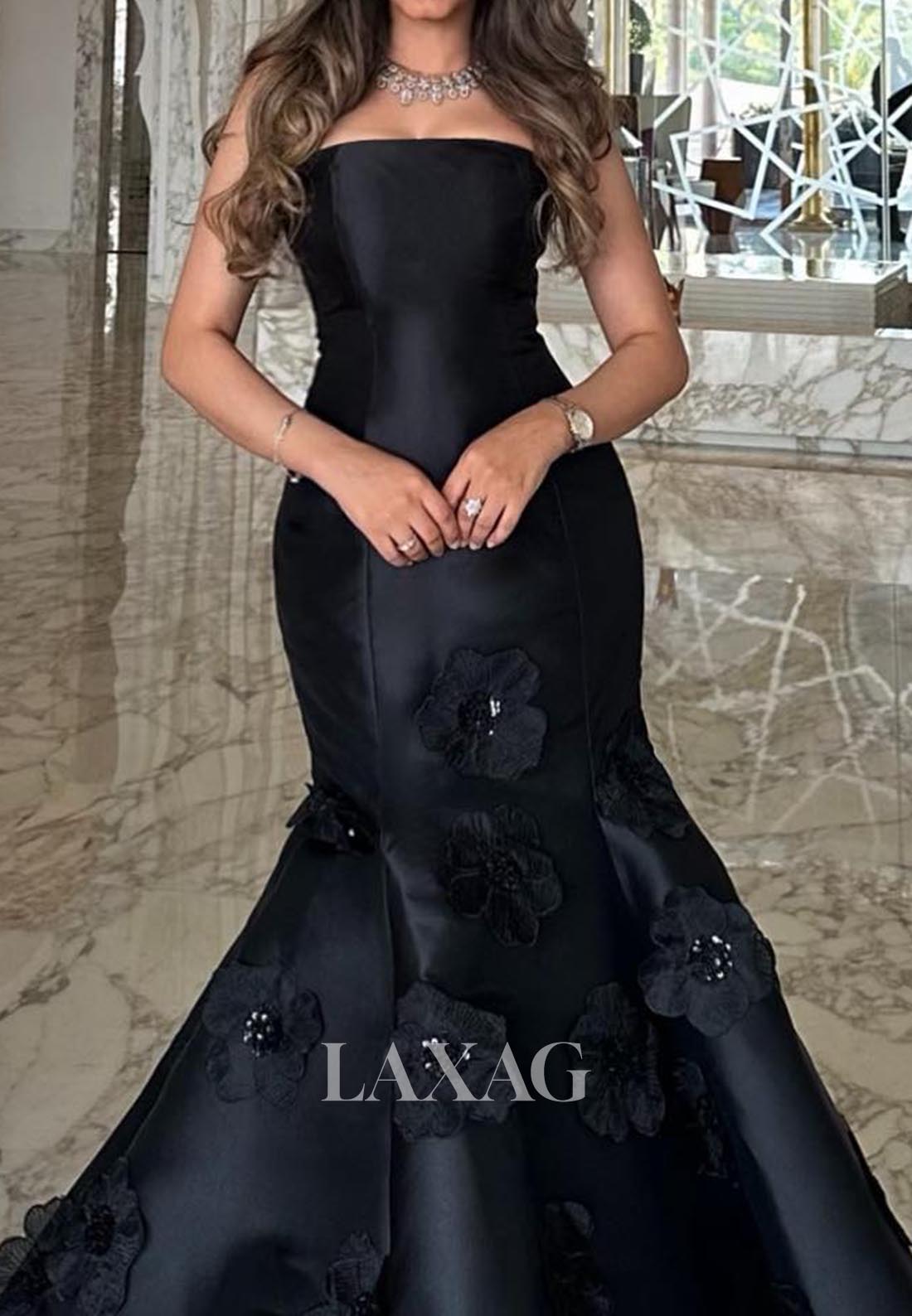 Off-Shoulder Sleeveless Satin Trumpet Mermaid Evening Dress Tube Top Floral Embellished Formal Gowns