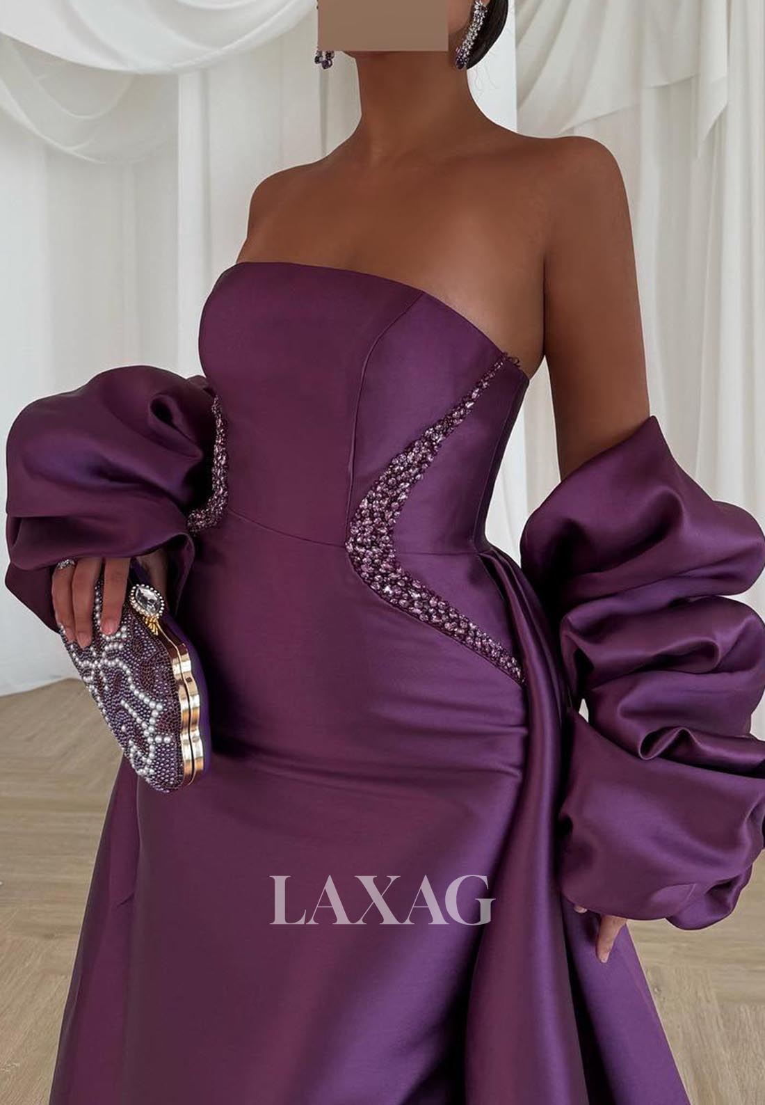 Tube Top Off-Shoulder Sleeveless Satin Formal Gowns Beaded Satin Evening Dress with Overlay