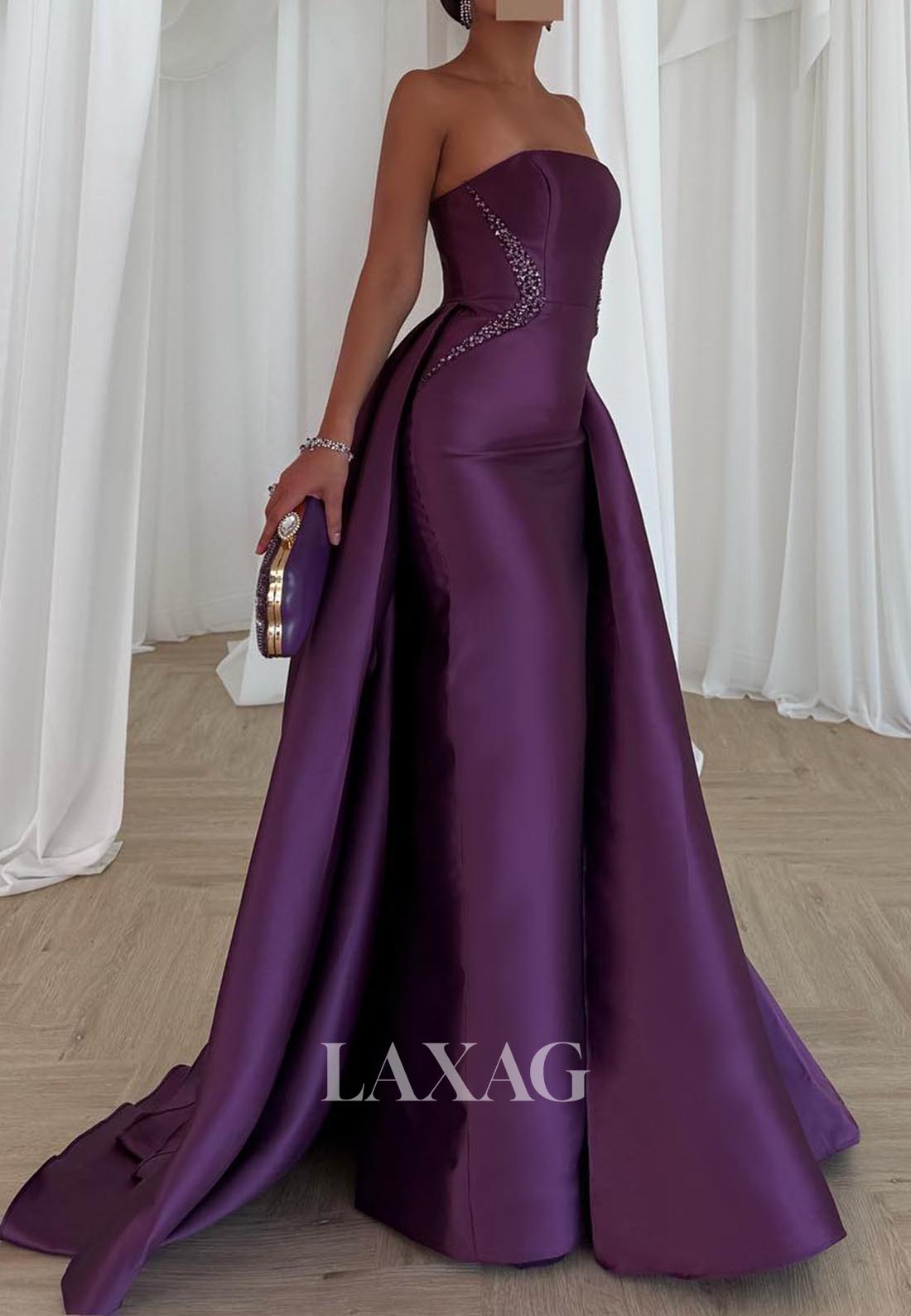 Tube Top Off-Shoulder Sleeveless Satin Formal Gowns Beaded Satin Evening Dress with Overlay