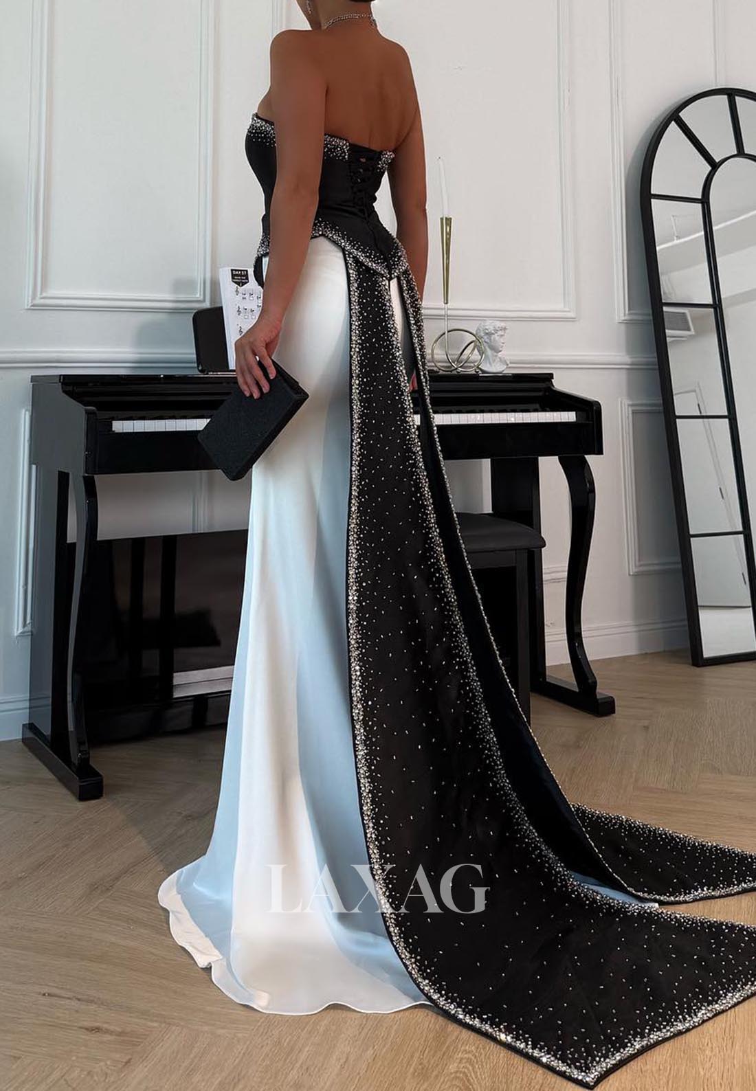 Tube Top Sleeveless Pleated Beaded Formal Gowns Two Tone Satin Sweep Train Mermaid Evening Dress
