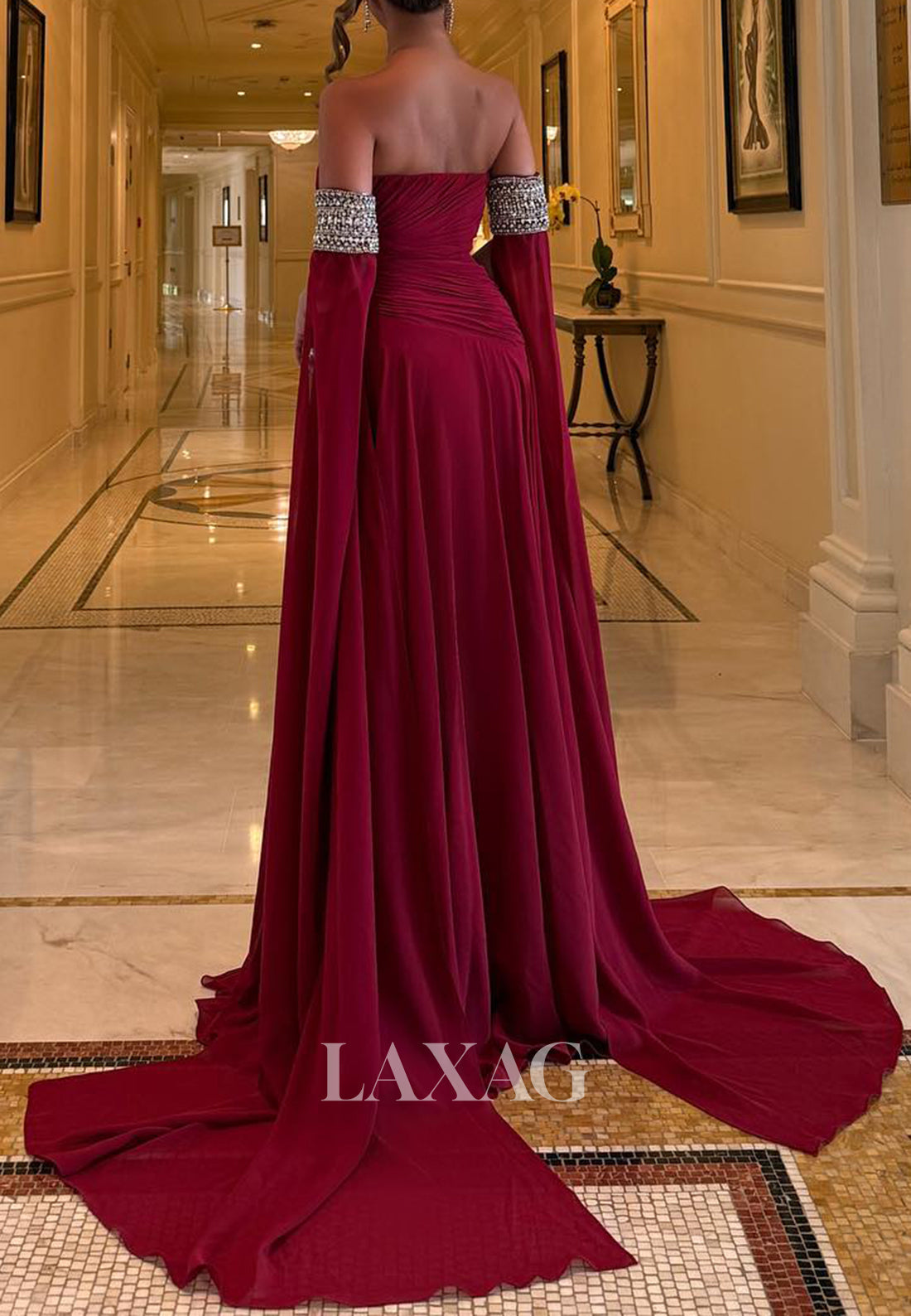 Sweetheart Sleeveless Beaded Formal Gowns Pleated Chiffon Mermaid Evening Dress with Train
