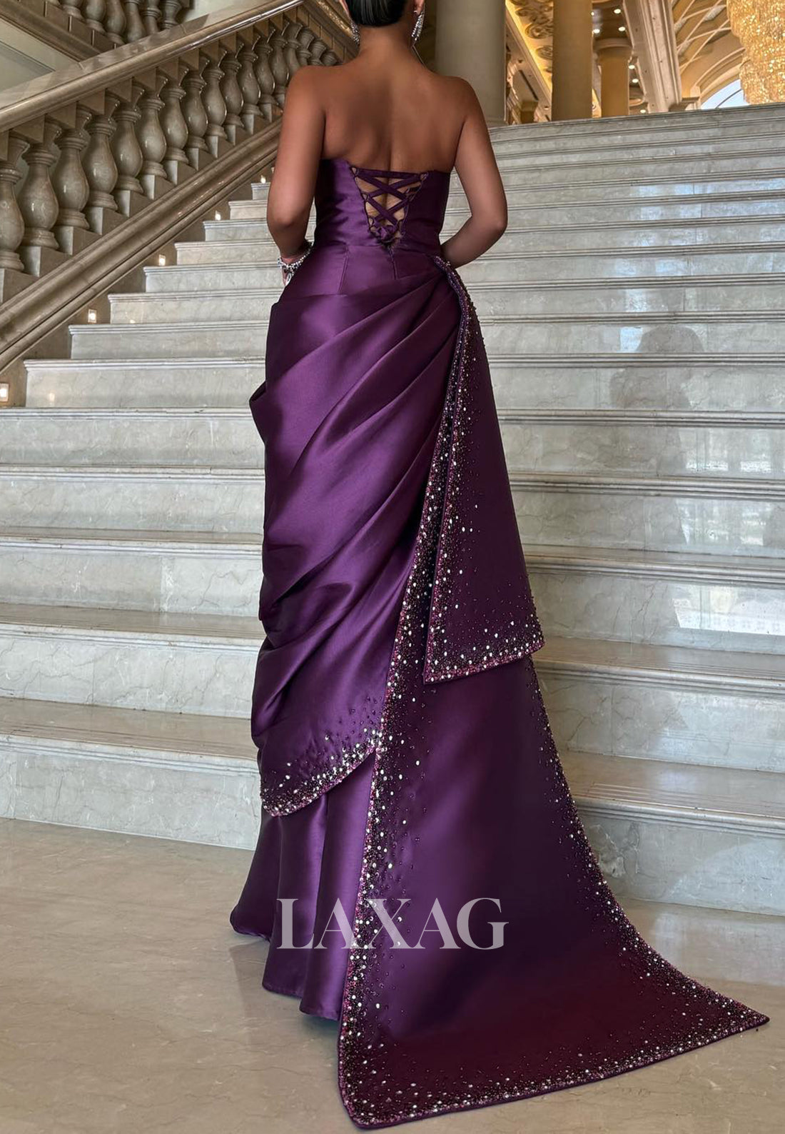 Tube Top Sleeveless Floor-Length Mermaid Evening Dress Beaded Pleated Satin Formal Gowns