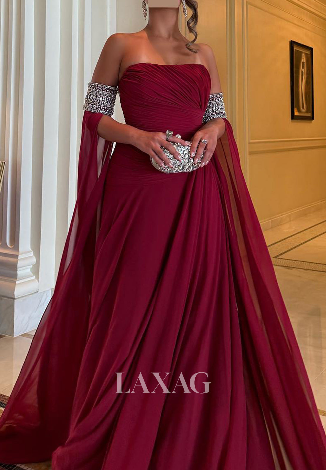 Sweetheart Sleeveless Beaded Formal Gowns Pleated Chiffon Mermaid Evening Dress with Train