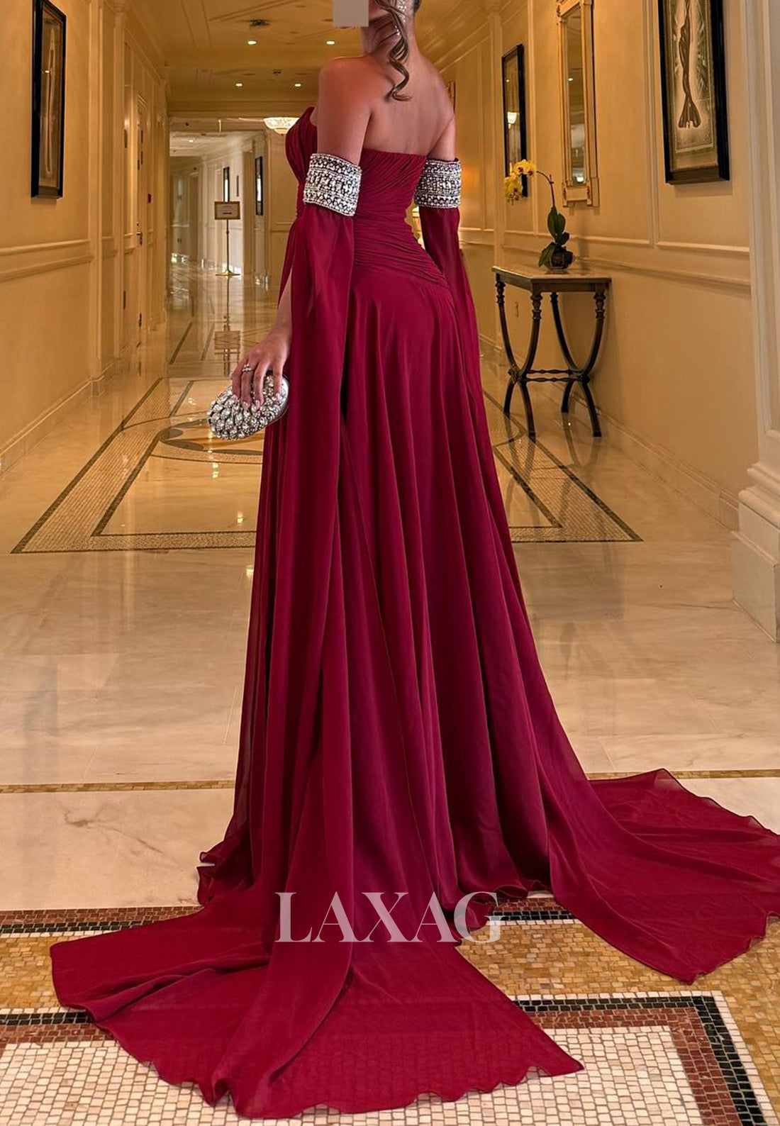Sweetheart Sleeveless Beaded Formal Gowns Pleated Chiffon Mermaid Evening Dress with Train
