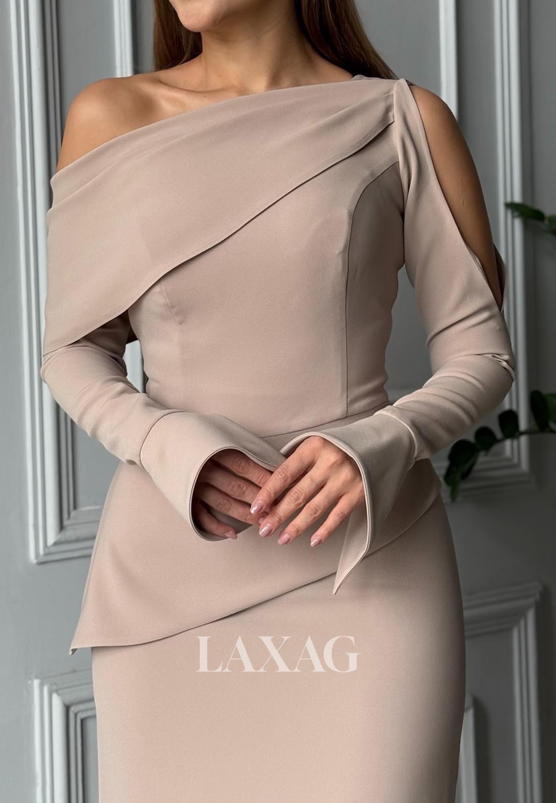 Off-Shoulder Asymmetrical-Neck Mermaid Evening Dress Long-Sleeves Floor-Length Formal Gowns