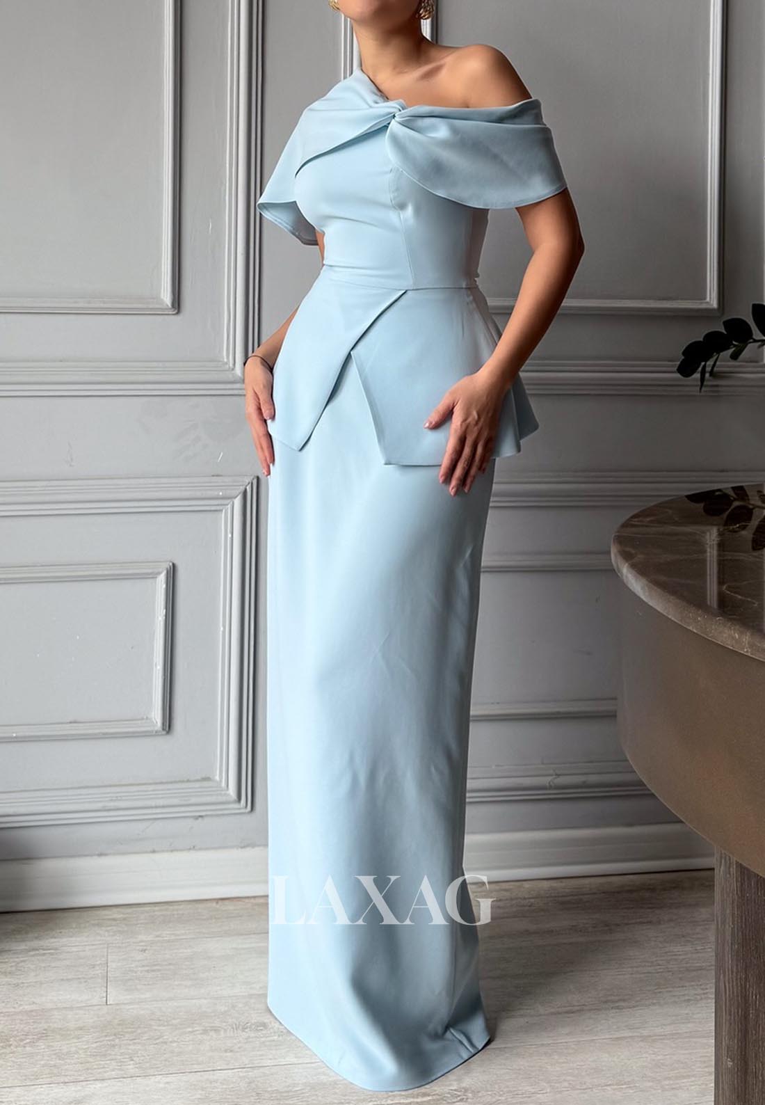 Asymmetrical-Neck Sleeveless Fitted Evening Dress Off-Shoulder Pleated Floor-Length Satin Formal Gowns