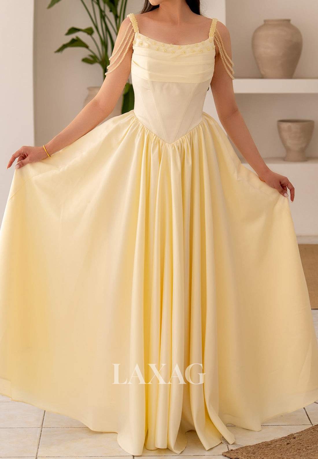 Scoop-Neck Off-Shoulder Pleated Formal Gowns Spaghetti Straps Beaded A-Line Evening Dress