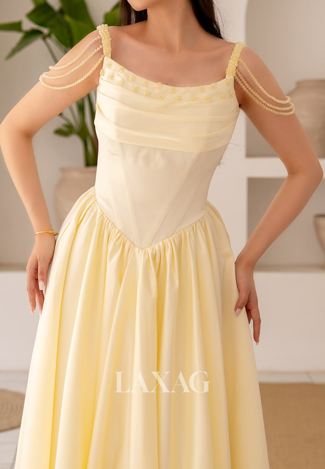 Scoop-Neck Off-Shoulder Pleated Formal Gowns Spaghetti Straps Beaded A-Line Evening Dress