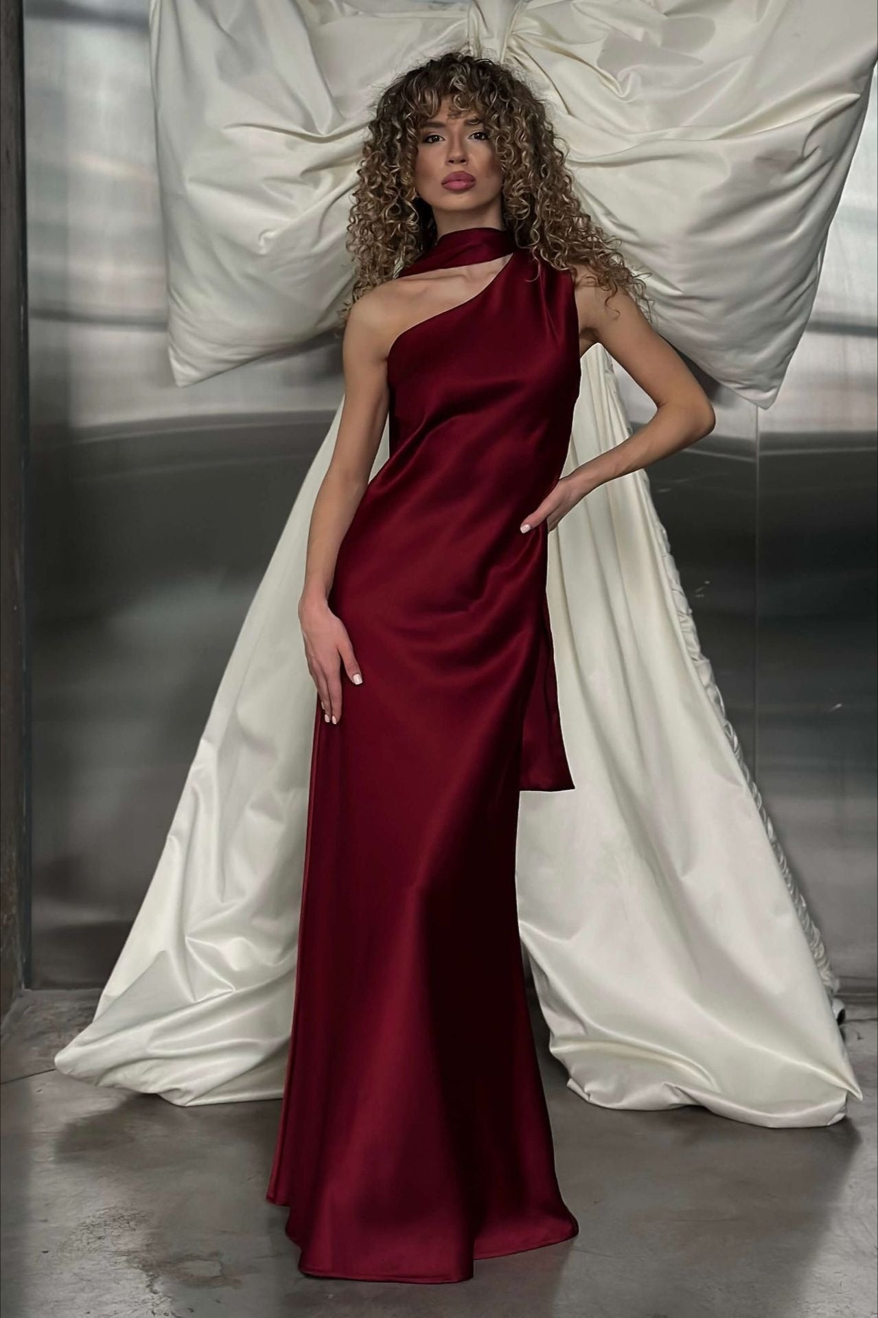 Satin Mock Neck Sash Tie Sleeveless Column Maxi Gown