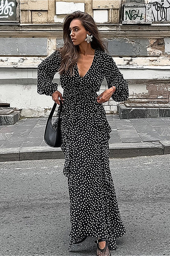 Vintage VNeck Polka Dot Puff Sleeve ALine Maxi Dress