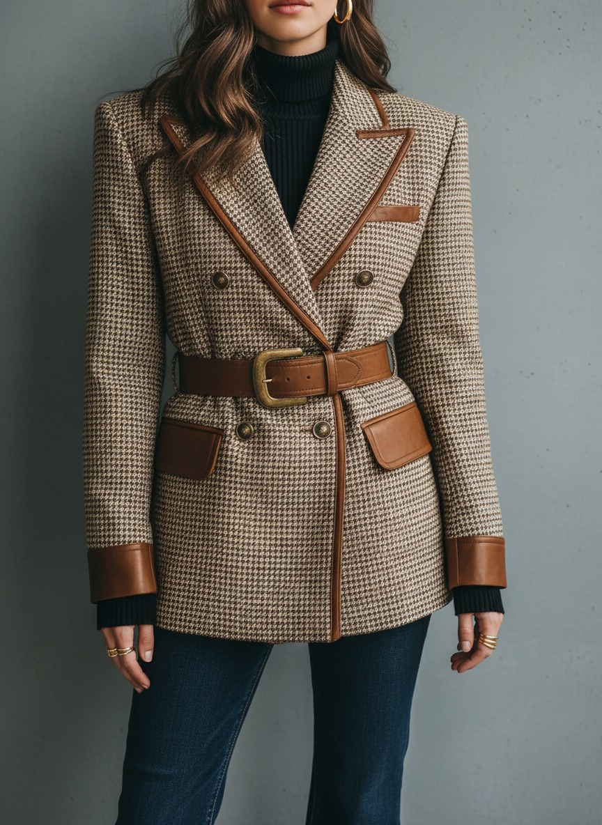 Double-Breasted Houndstooth blazer with Brown Leather Trim