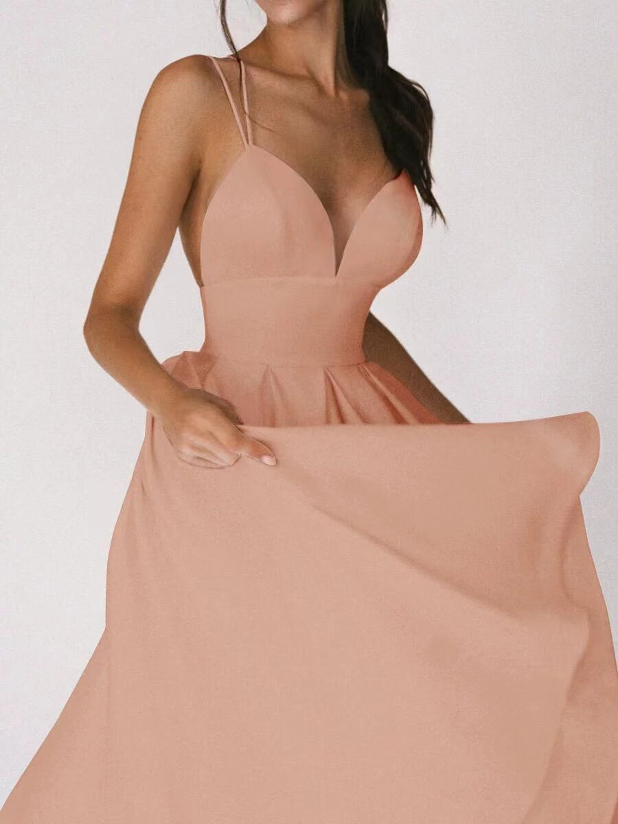Satin Deep V-Neck Spaghetti Strap Fit and Flare Midi Dress 5