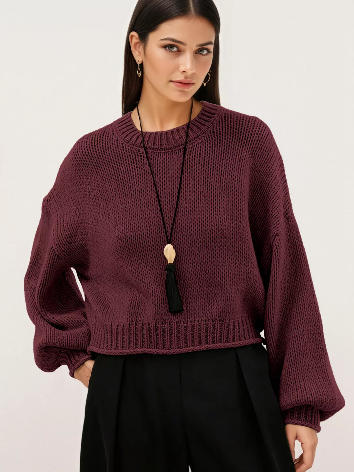 Oversized Crew Neck Balloon Sleeve Chunky Knit Sweater 6