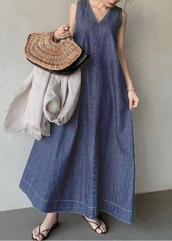 Denim Sleeveless Deep V-Neck A-Line Maxi Dress