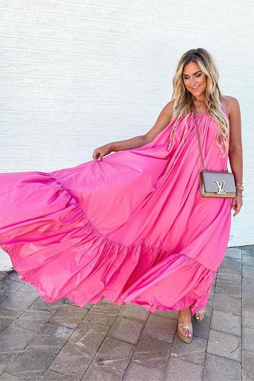 Spaghetti Strap V-Neck Tiered Ruffle Hem Maxi Dress