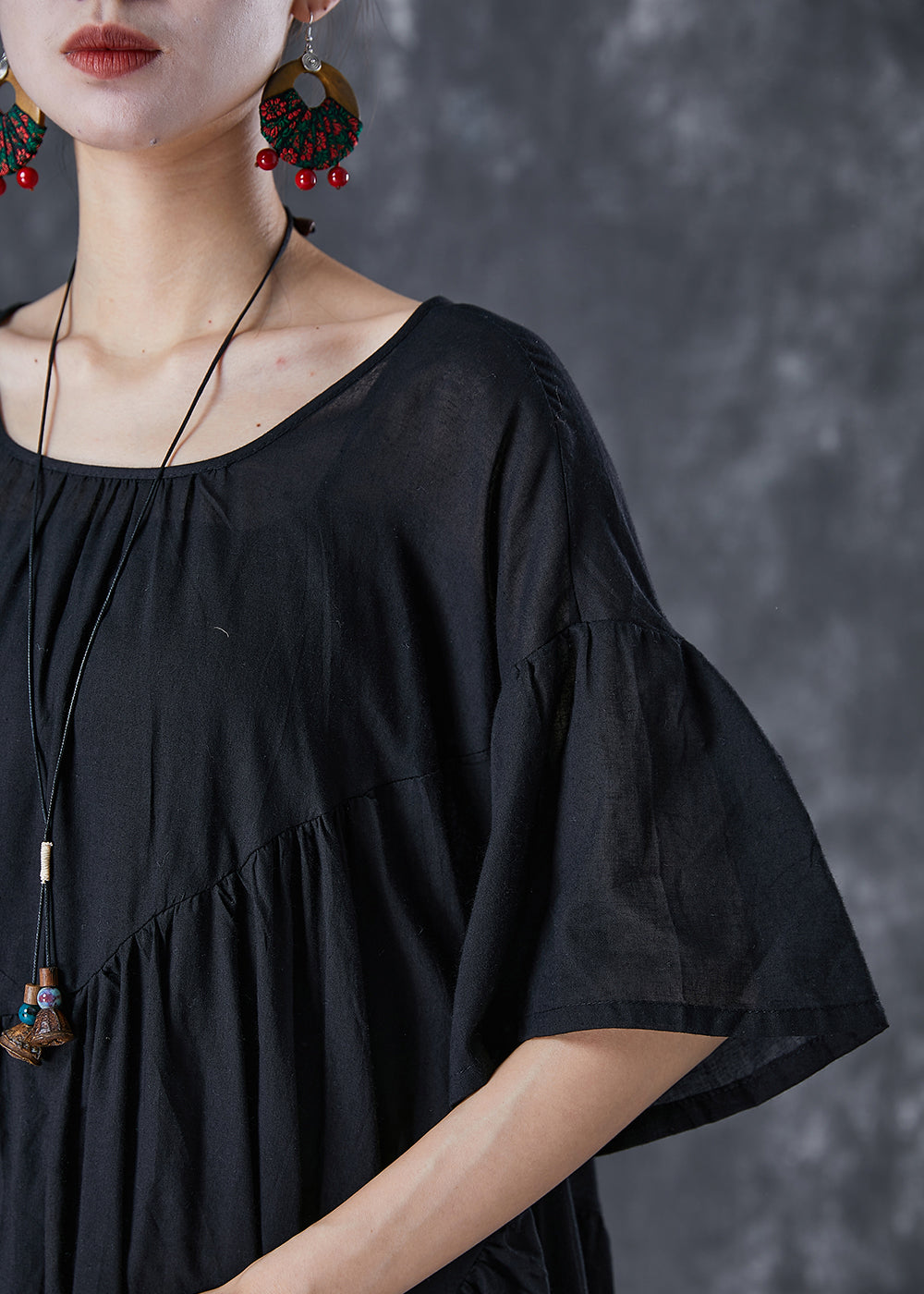 Oversized Asymmetrical Tiered Pleated Pocket Midi Smock Dress