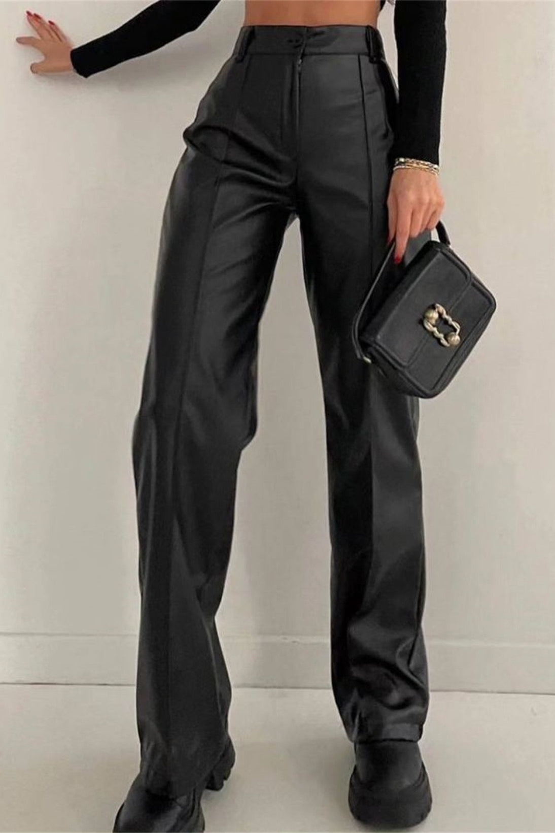 High Waist Faux Leather Front Seam Straight Leg Pants