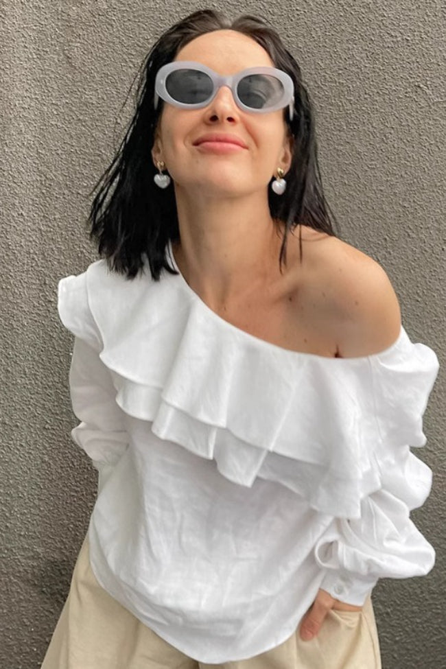 One Shoulder Tiered Ruffle Long Sleeve Linen-Look Blouse
