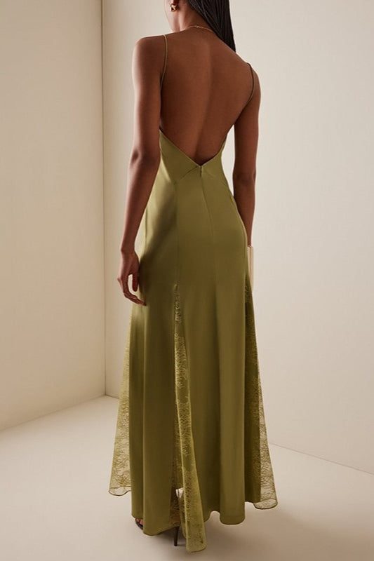 Spaghetti Strap Deep V-Neck Lace Insert Split Satin Maxi Gown