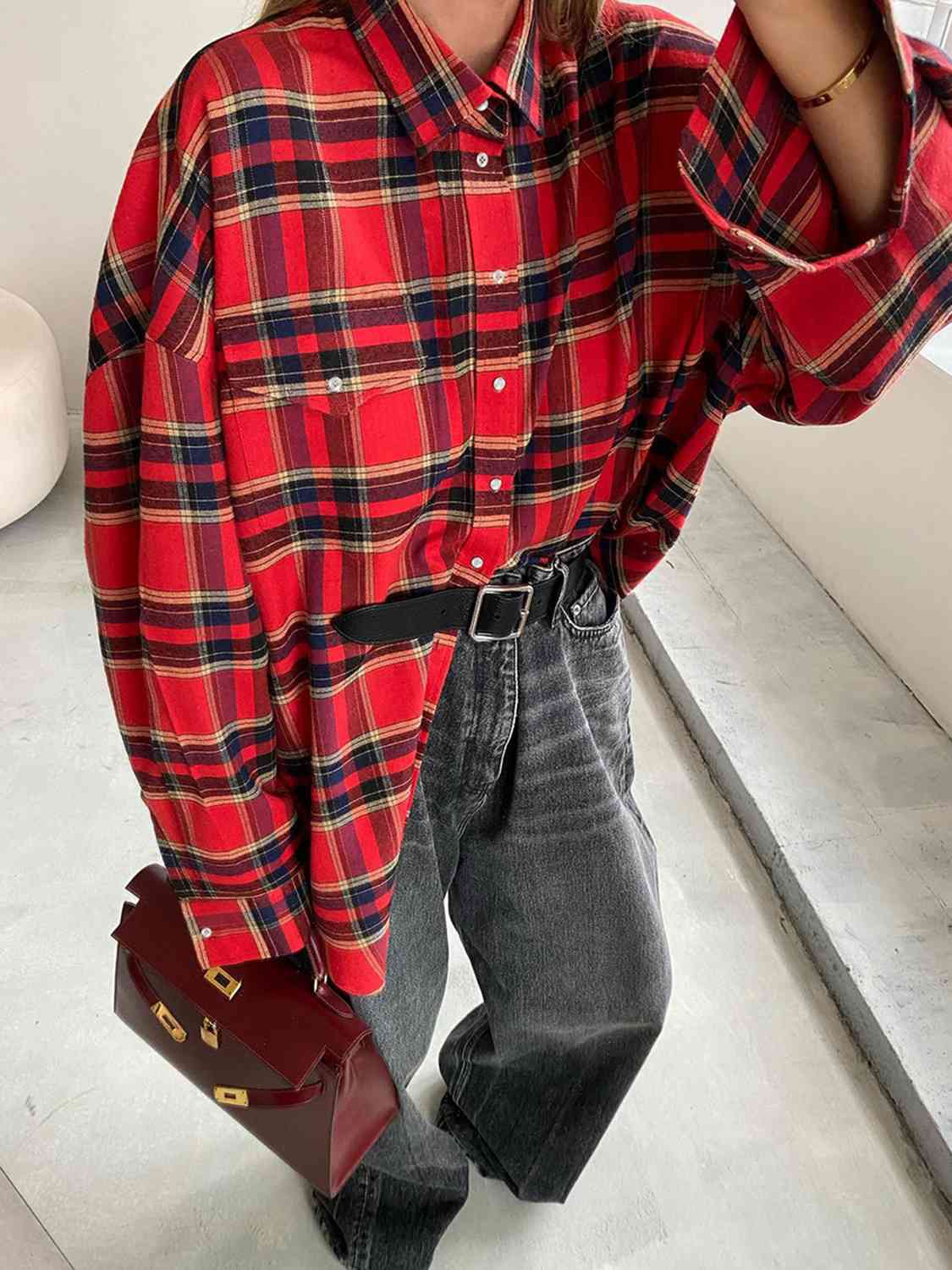 Plaid Blouse Drop With Shoulder