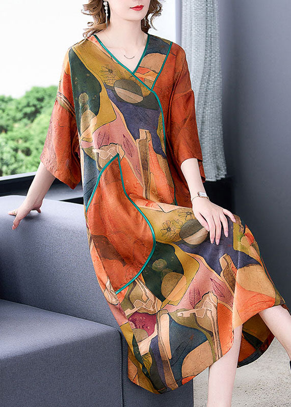 Abstract Print V-Neck Kimono Sleeve Piped Pocket Midi Shift Dress