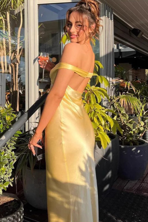 Satin Off Shoulder Ruched Bodycon Maxi Dress