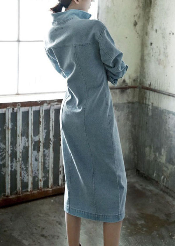 Denim Mandarin Collar Button Down Chest Pocket Princess Seam Midi Dress