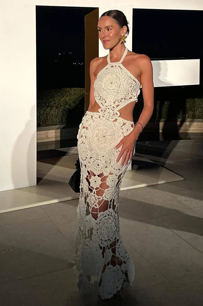 Crochet Halter Neck Side Cut Out Bodycon Maxi Dress